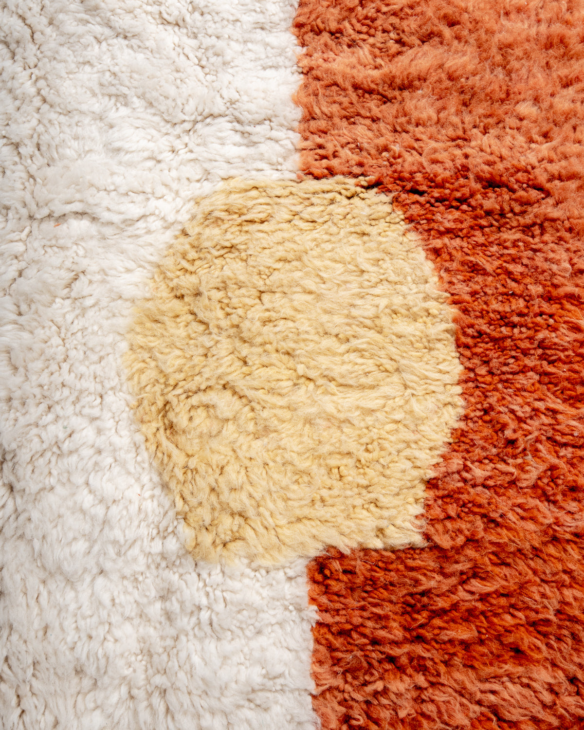 Modern, designer, handcrafted Berber rug from Morocco. Beniourain carpet with beautiful colours and patterns and fluffy wool texture.